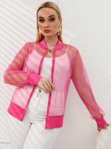 SHEIN LUNE Plus Size Jackets Sheer Zip Plain Casual - Hot Pink - View 5