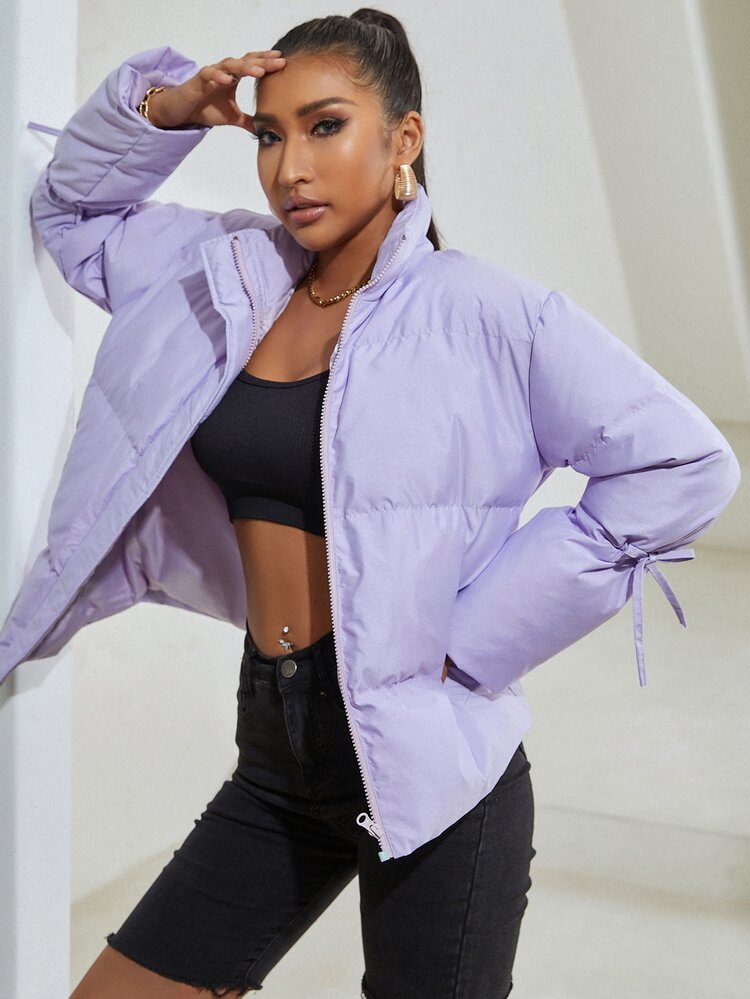 Bow Detail Zip Up Padded Coat - Lilac Purple - View 5