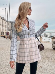 GENKIRA Plaid Print Two Tone Blazer Fall Cloth For Women - Multicolor - View 1