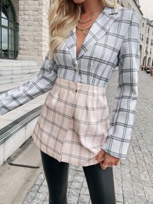 GENKIRA Plaid Print Two Tone Blazer Fall Cloth For Women - Multicolor - View 3