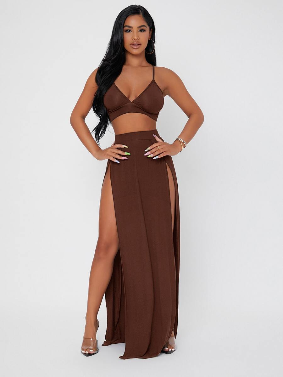 SHEIN PETITE Solid Cami Crop Top & Split Thigh Skirt Set - Rust Brown - View 1