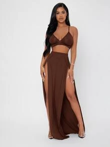 SHEIN PETITE Solid Cami Crop Top & Split Thigh Skirt Set - Rust Brown - View 3