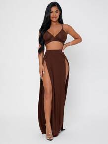 SHEIN PETITE Solid Cami Crop Top & Split Thigh Skirt Set - Rust Brown - View 4