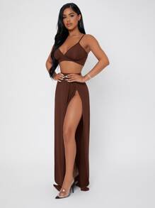 SHEIN PETITE Solid Cami Crop Top & Split Thigh Skirt Set - Rust Brown - View 5