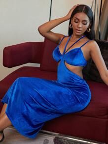 VaVaBold Đầm Cắt ra màu trơn Gợi cảm - Xanh đậm - Xem 5