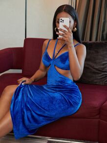 VaVaBold Đầm Cắt ra màu trơn Gợi cảm - Xanh đậm - Xem 6