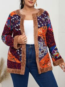 大碼植物印花絨毛邊外套 - 彩色 - 查看 1