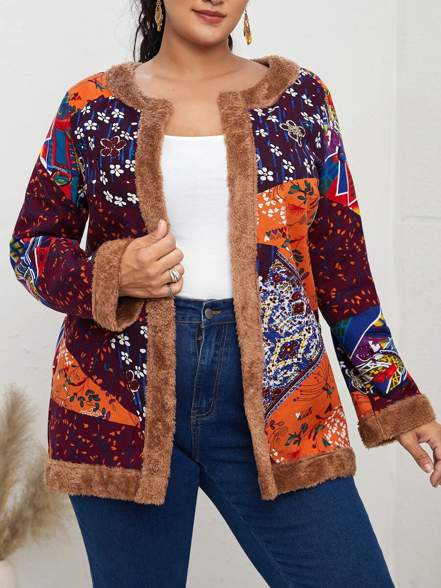 大碼植物印花絨毛邊外套 - 彩色 - 查看 1