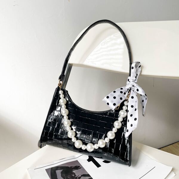 

Faux Pearl Decor Baguette Bag, Black