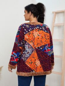 大碼植物印花絨毛邊外套 - 彩色 - 查看 2