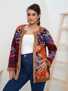 大碼植物印花絨毛邊外套 - 彩色 - 查看 3