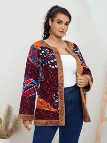 大碼植物印花絨毛邊外套 - 彩色 - 查看 4