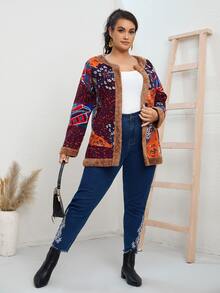 大碼植物印花絨毛邊外套 - 彩色 - 查看 5