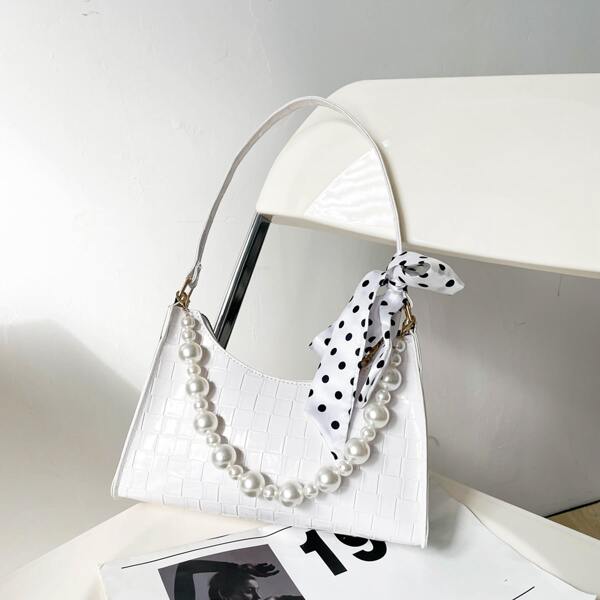

Faux Pearl Decor Baguette Bag, White