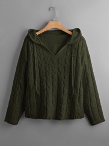 SHEIN Qutie 大碼麻花編織抽繩連帽套頭毛衣 - 軍綠色 - 查看 1