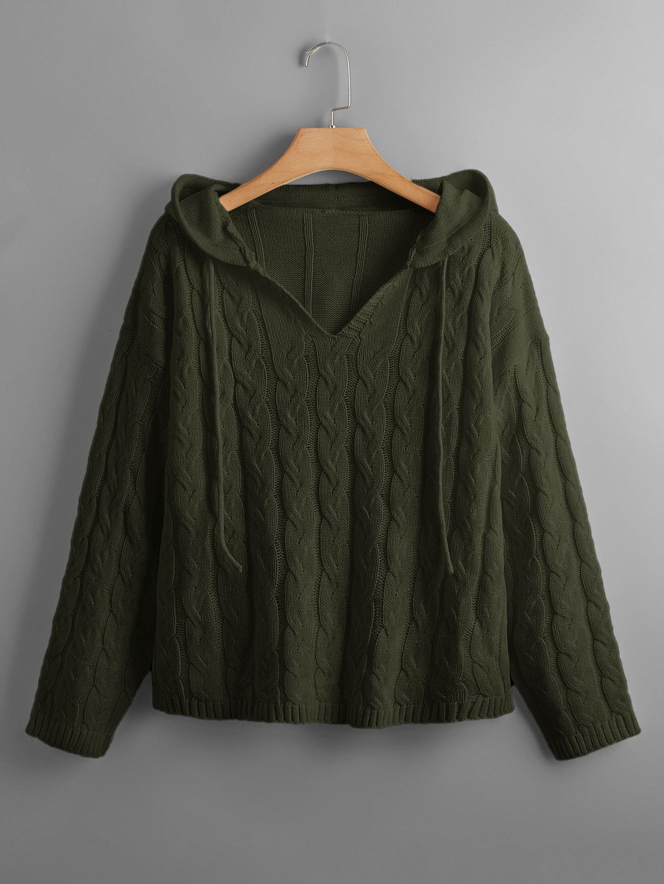 SHEIN Qutie 大碼麻花編織抽繩連帽套頭毛衣 - 軍綠色 - 查看 1