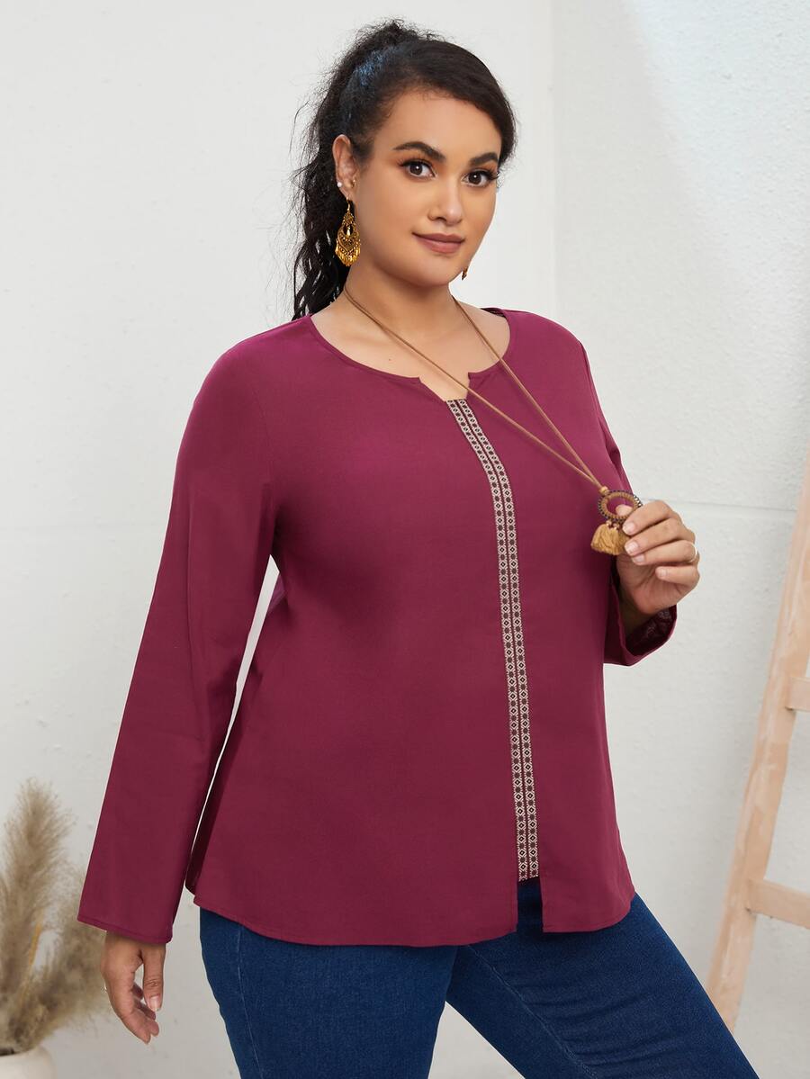 EMERY ROSE 大碼幾何拼塊缺口領襯衫 - 中紫紅色 - 查看 1