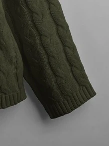 SHEIN Qutie 大碼麻花編織抽繩連帽套頭毛衣 - 軍綠色 - 查看 3