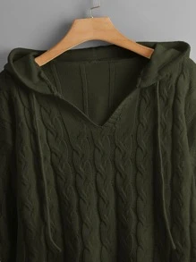 SHEIN Qutie 大碼麻花編織抽繩連帽套頭毛衣 - 軍綠色 - 查看 4