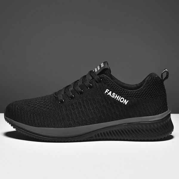 

Letter Graphic Lace-up Front Knit Running Shoes, Black
