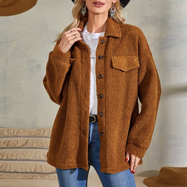 

Drop Shoulder Flap Detail Fleece Coat, Brown