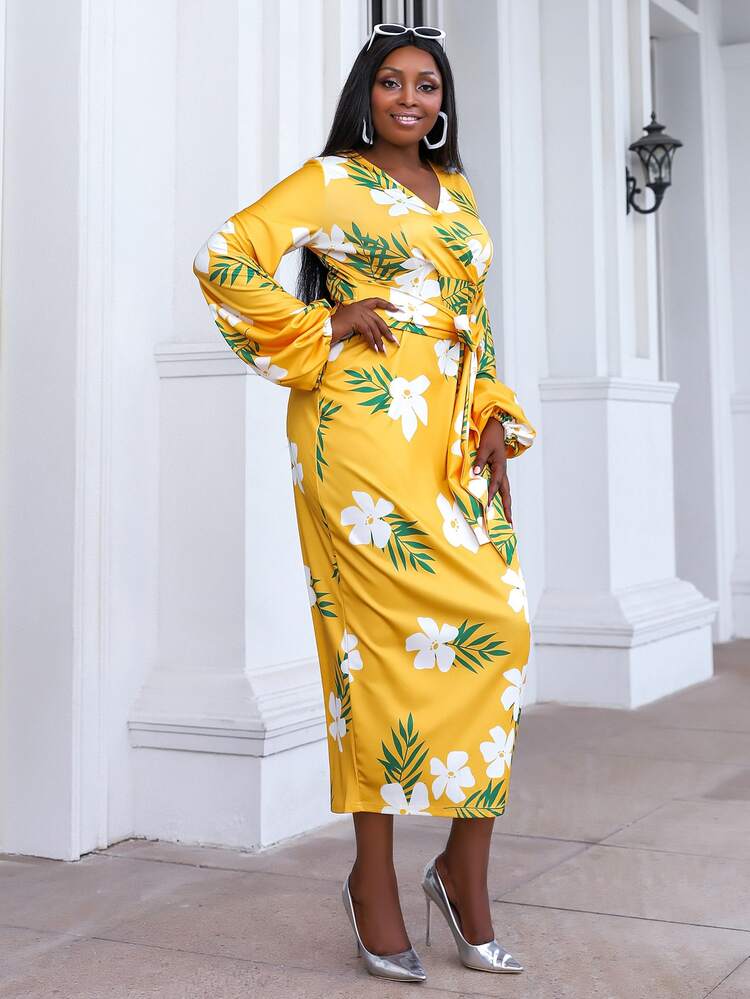 seomiscky Đầm Plus Size Thắt nơ trước Hoa Thanh lịch - Nhiều màu - Xem 3
