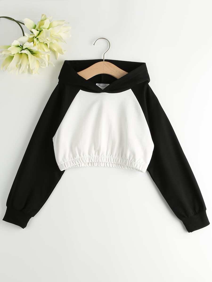 SHEIN Explorewe Girls Colourblock Raglan Sleeve Sweatshirt - Black and White - View 1
