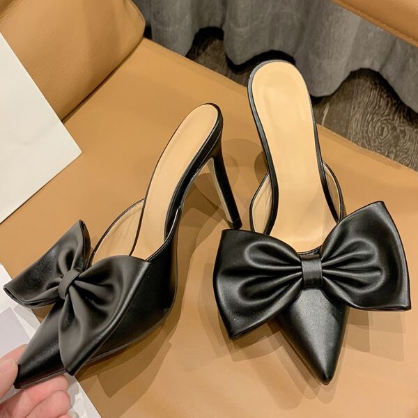 

Bow Decor Point Toe Stiletto Heeled Mules, Black