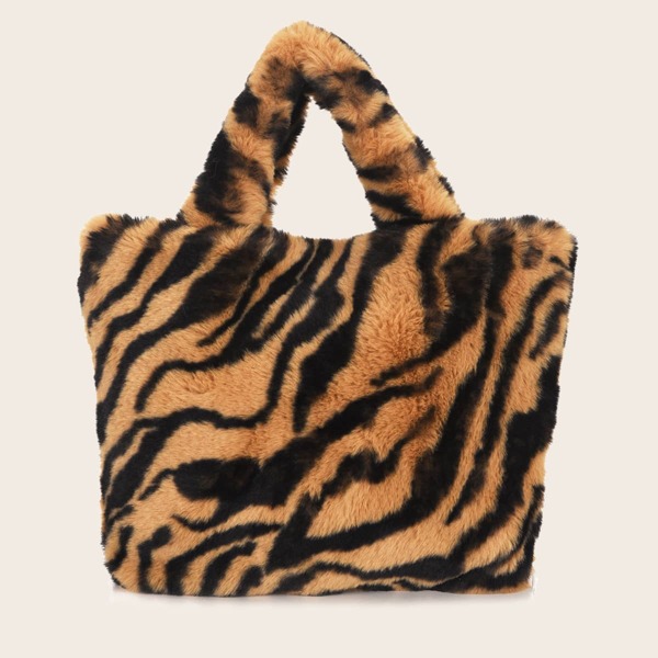 

Girls Tiger Graphic Fluffy Tote Bag, Multicolor
