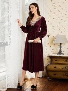 SHEIN Unity Embroidery Mesh Velvet Night Dress - Burgundy - View 1
