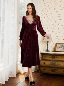 SHEIN Unity Embroidery Mesh Velvet Night Dress - Burgundy - View 3