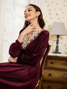 SHEIN Unity Embroidery Mesh Velvet Night Dress - Burgundy - View 4