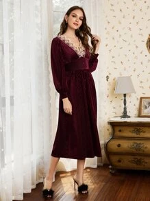 SHEIN Unity Embroidery Mesh Velvet Night Dress - Burgundy - View 5