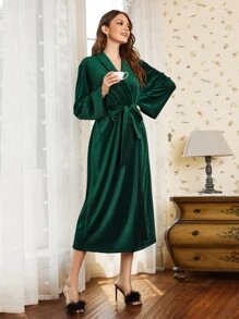 SHEIN 青果領腰帶法蘭絨睡袍 - 墨綠色 - 查看 2