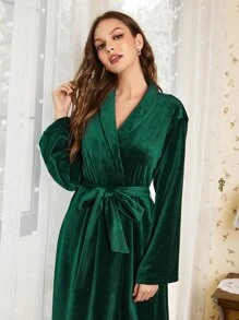 SHEIN 青果領腰帶法蘭絨睡袍 - 墨綠色 - 查看 5