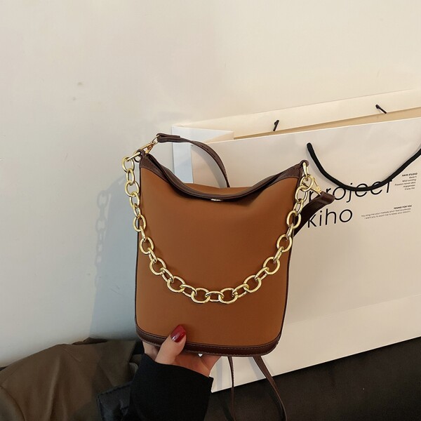 

Colorblock Chain Bucket Bag, Brown