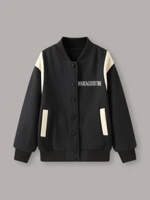 Niños Cazadora tipo bomber con bordado de letra panel en contraste - Negro - Ver 1