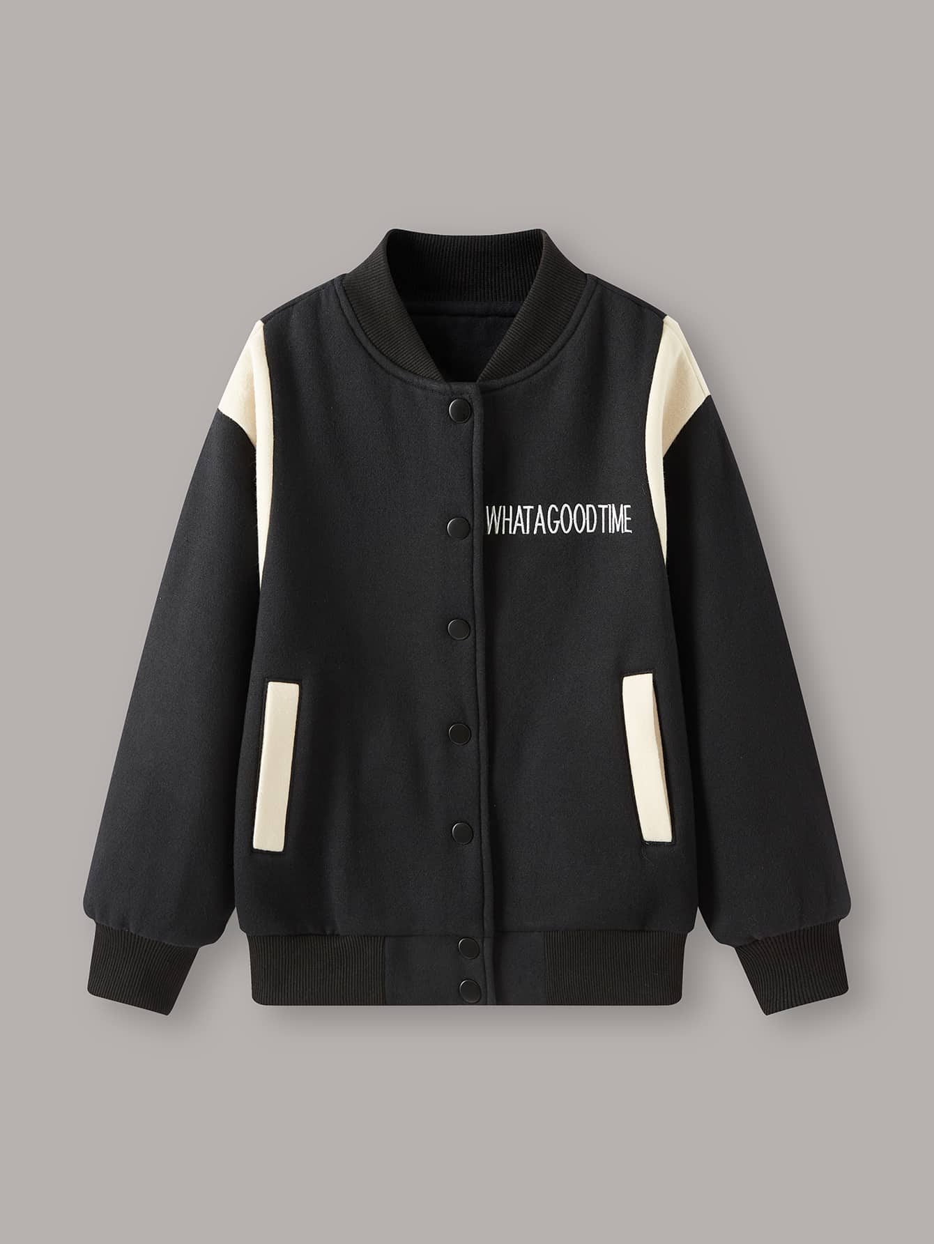 Niños Cazadora tipo bomber con bordado de letra panel en contraste - Negro - Ver 1