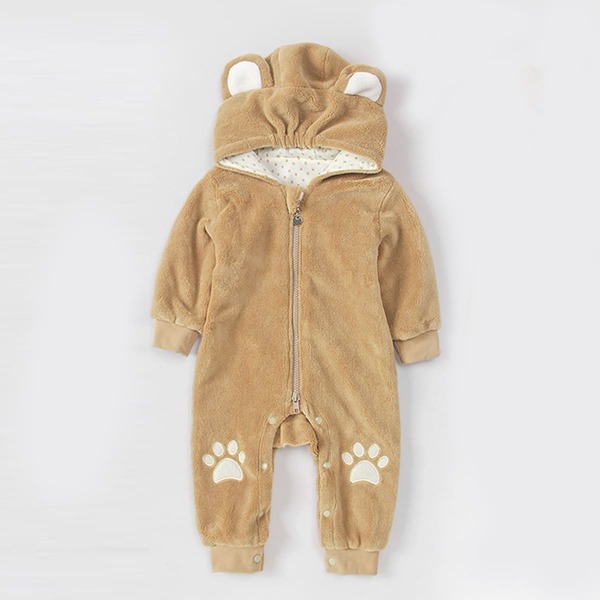 

Baby Paw Print Zipper Up Hooded Flannel Jumpsuit With Ears, Camel