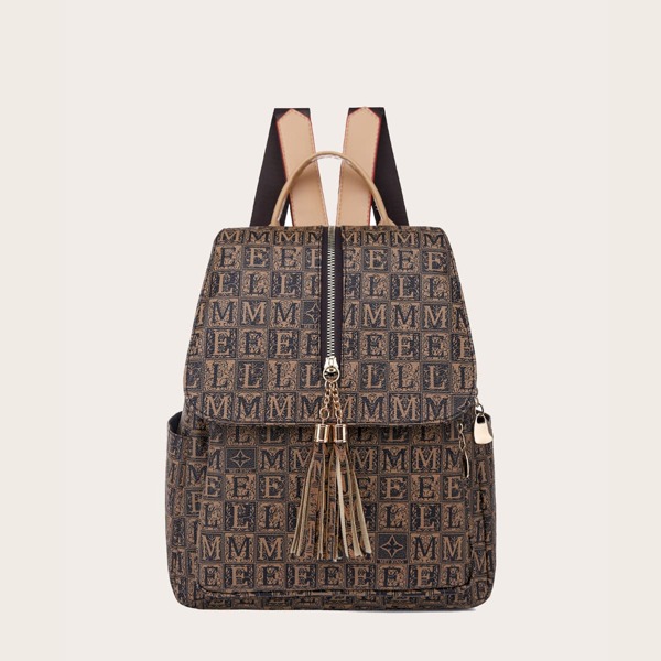 

Letter Graphic Tassel Decor Flap Backpack, Multicolor