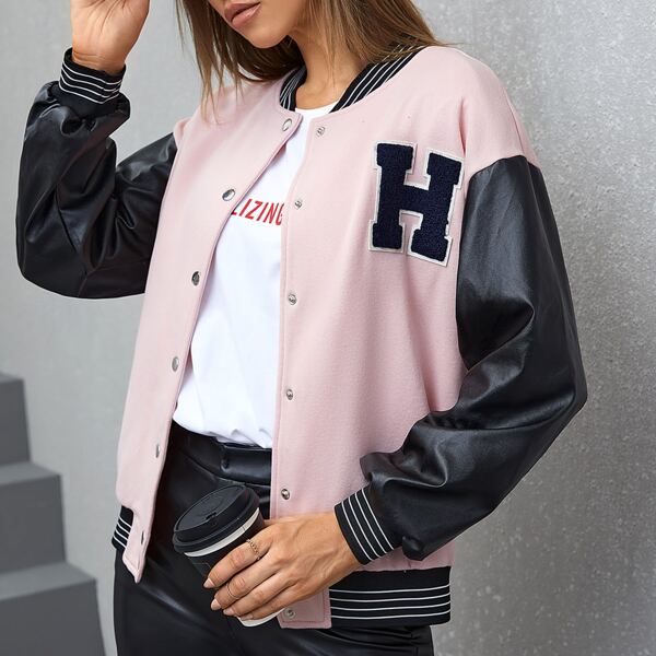 

Letter Patched Striped Trim Colorblock Drop Shoulder Bomber Jacket, Multicolor