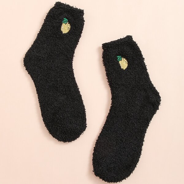 

Fruit Embroidered Crew Socks, Black