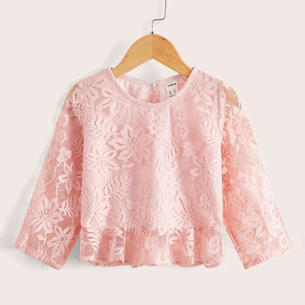 

Toddler Girls Keyhole Back Ruffle Hem Lace Tee, Baby pink
