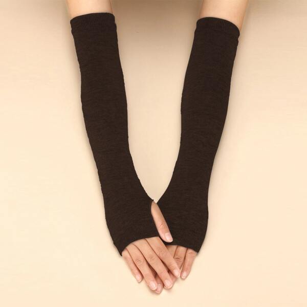 

Solid Long Fingerless Gloves, Coffee brown