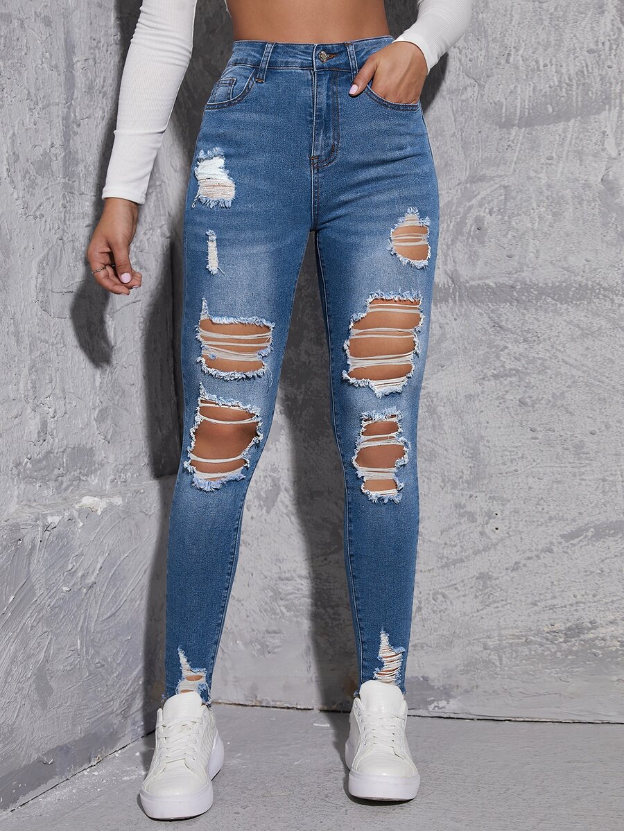 High Waist Ripped Frayed Bleach Wash Skinny Jeans - Medium Wash - View 1