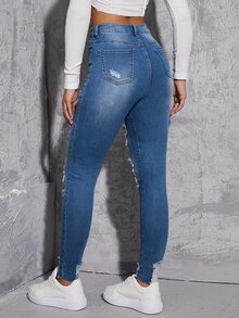 High Waist Ripped Frayed Bleach Wash Skinny Jeans - Medium Wash - View 2