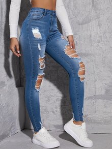 High Waist Ripped Frayed Bleach Wash Skinny Jeans - Medium Wash - View 3