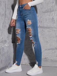 High Waist Ripped Frayed Bleach Wash Skinny Jeans - Medium Wash - View 5
