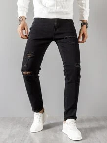 Manfinity Quần Jeans Nam Túi Bị tách màu trơn - màu đen - Xem 1