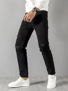 Manfinity Quần Jeans Nam Túi Bị tách màu trơn - màu đen - Xem 5